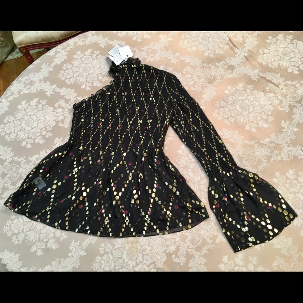 A.L.C. One shoulder one sleeve silk metallic gold thread mock neck top sz.0 - Picture 10 of 15
